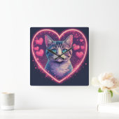 Romantic Cat Lover Gift | Aesthetic Neon Animal スクエア壁時計 (ホーム)