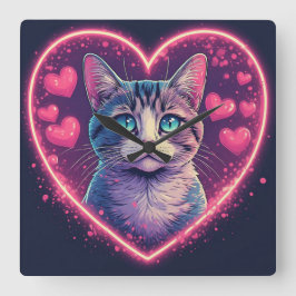Romantic Cat Lover Gift | Aesthetic Neon Animal スクエア壁時計