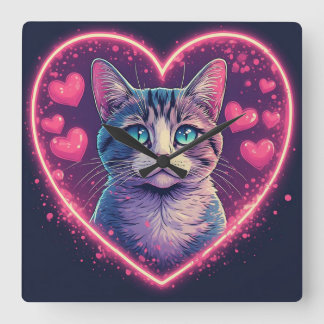 Romantic Cat Lover Gift | Aesthetic Neon Animal スクエア壁時計