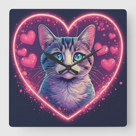 Romantic Cat Lover Gift | Aesthetic Neon Animal スクエア壁時計 (正面)