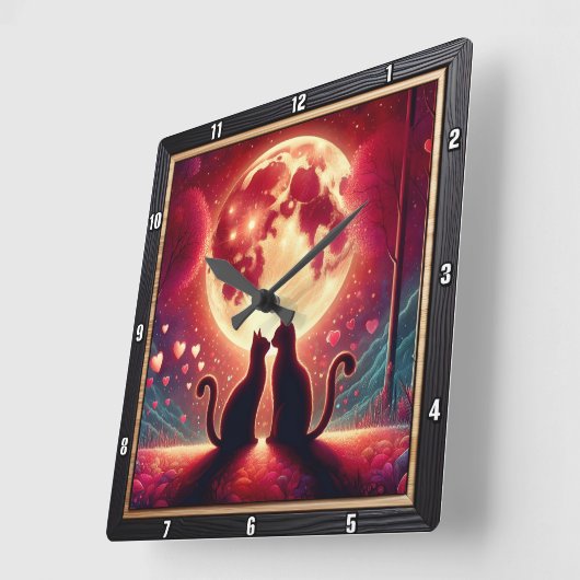 Romantic Cat Silhouette Full Moon スクエア壁時計 (傾斜)
