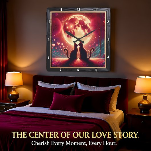 Romantic Cat Silhouette Full Moon スクエア壁時計