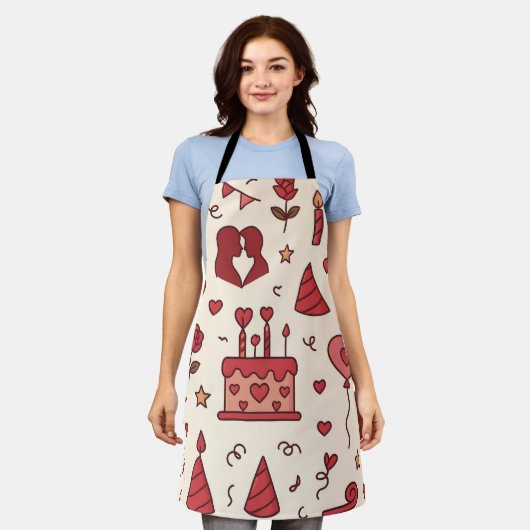 Romantic Celebration Doodle Pattern エプロン (着用した状態)