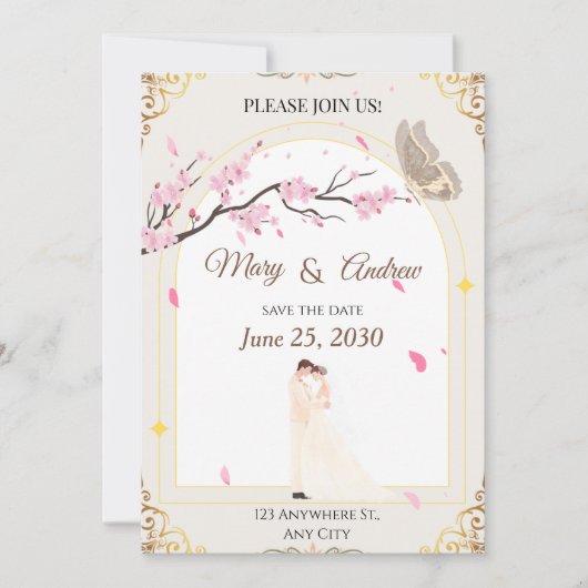 Romantic Cherry Blossom & Butterfly Frame 招待状 (正面)