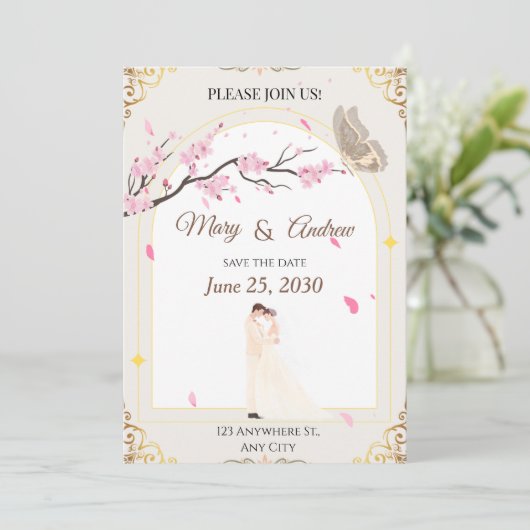 Romantic Cherry Blossom & Butterfly Frame 招待状 (スタンド正面)