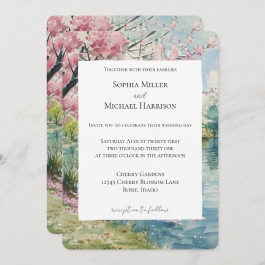 Romantic Cherry Blossom Floral Lake Wedding 招待状 (正面/裏面)