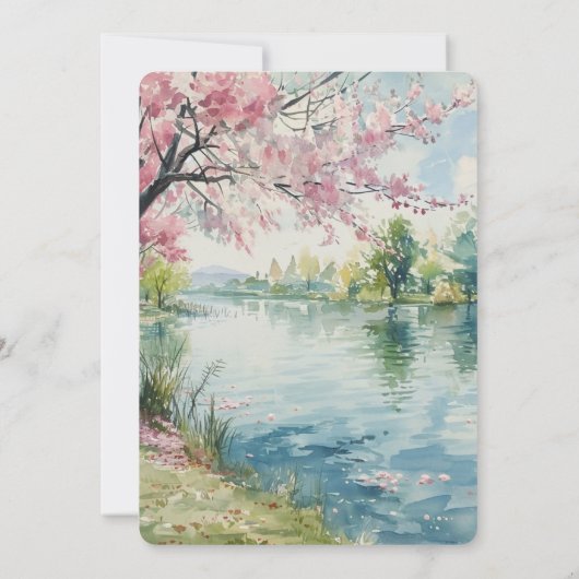 Romantic Cherry Blossom Floral Lake Wedding 招待状 (裏面)