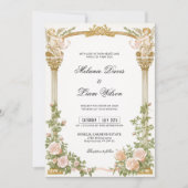 Romantic Cherub Gold Arch Floral Wedding 招待状 (正面)