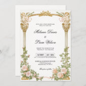 Romantic Cherub Gold Arch Floral Wedding 招待状 (正面/裏面)