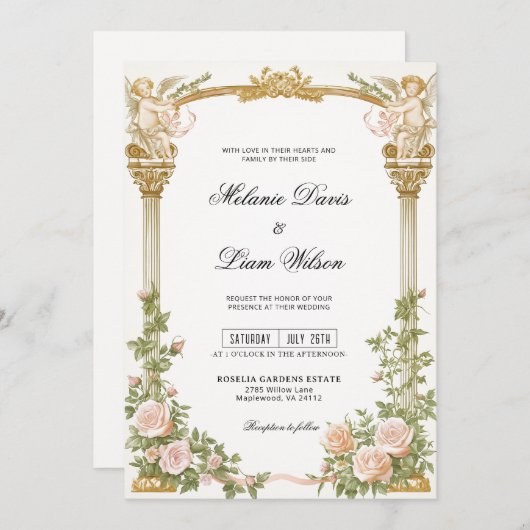 Romantic Cherub Gold Arch Floral Wedding 招待状 (正面/裏面)