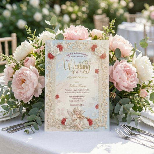 Romantic Cherub Violin & Doves Fairytale Wedding   招待状