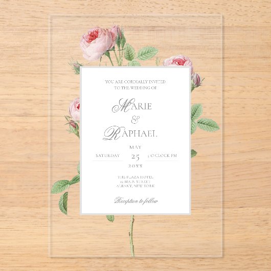 Romantic Chic French Rose Botanical Wedding アクリル招待状 (正面)