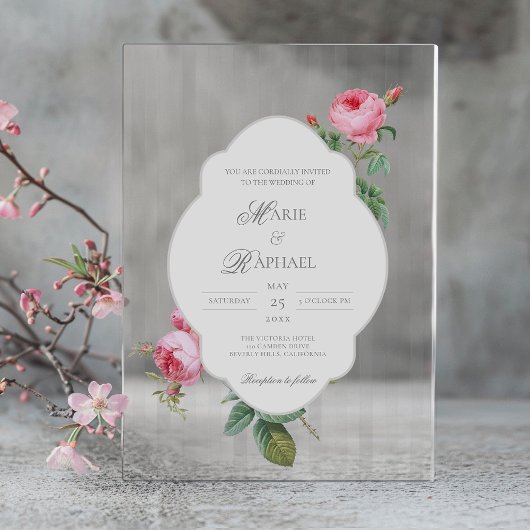 Romantic Chic French Rose Botanical Wedding アクリル招待状