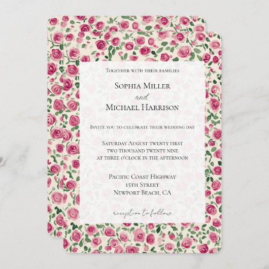 Romantic Chic Pink Roses Floral Wedding 招待状 (正面/裏面)