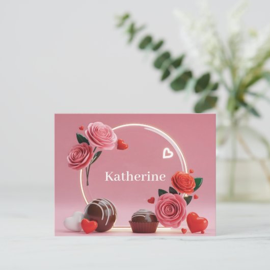 Romantic Circular Glass Frame with Roses and Name ポストカード (スタンド正面)