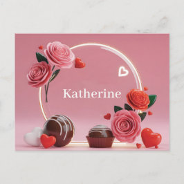 Romantic Circular Glass Frame with Roses and Name ポストカード