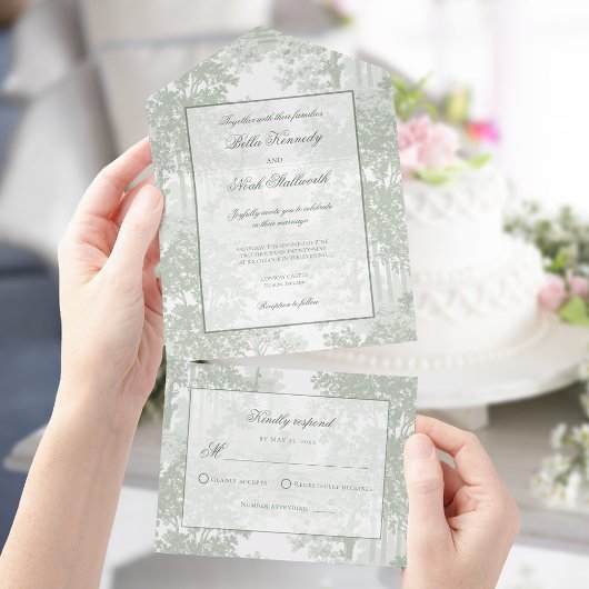 Romantic Classic Sage Green Landscape Toile オールインワン招待状