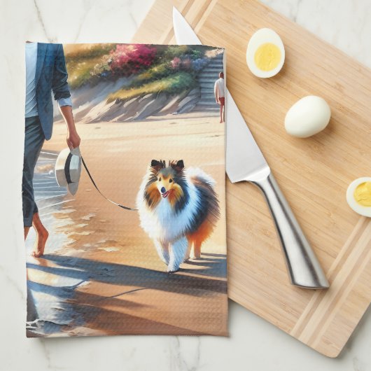 Romantic Coastal Cottage Sunset Stroll キッチンタオル (四つ折り)