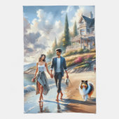 Romantic Coastal Cottage Sunset Stroll キッチンタオル (縦)