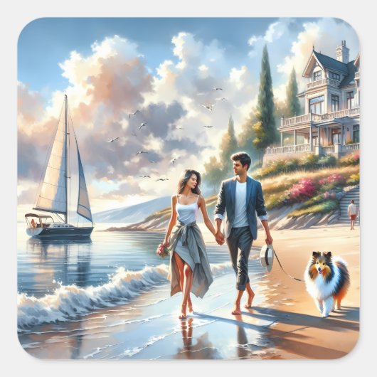Romantic Coastal Cottage Sunset Stroll スクエアシール (正面)
