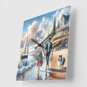 Romantic Coastal Cottage Sunset Stroll スクエア壁時計 (傾斜)