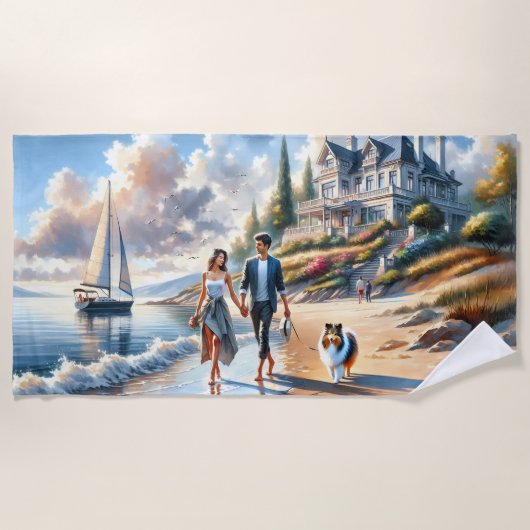 Romantic Coastal Cottage Sunset Stroll ビーチタオル (正面)