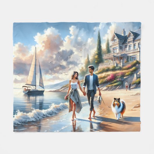 Romantic Coastal Cottage Sunset Stroll フリースブランケット (正面(横))