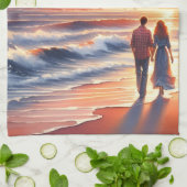 Romantic Coastal Sunset Lighthouse Walk キッチンタオル (折り畳み)