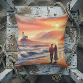 Romantic Coastal Sunset Lighthouse Walk クッション