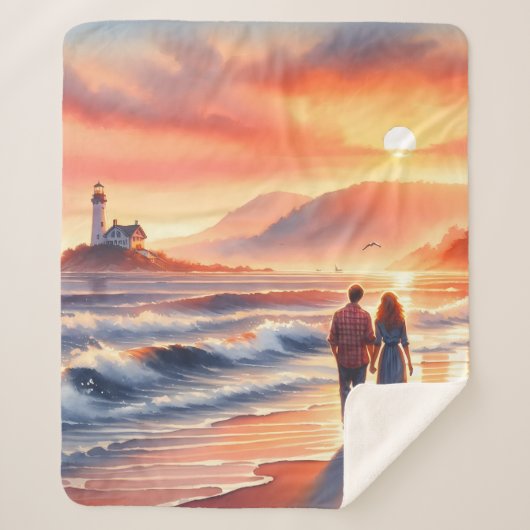 Romantic Coastal Sunset Lighthouse Walk シェルパブランケット (正面)