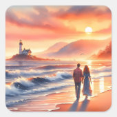 Romantic Coastal Sunset Lighthouse Walk スクエアシール (正面)