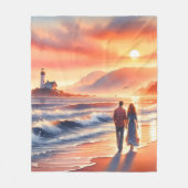 Romantic Coastal Sunset Lighthouse Walk フリースブランケット (正面)