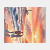 Romantic Coastal Sunset Lighthouse Walk フリースブランケット (正面(横))