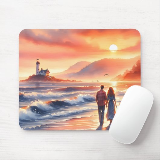 Romantic Coastal Sunset Lighthouse Walk マウスパッド (マウス)