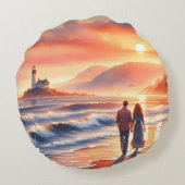 Romantic Coastal Sunset Lighthouse Walk ラウンドクッション (裏面)
