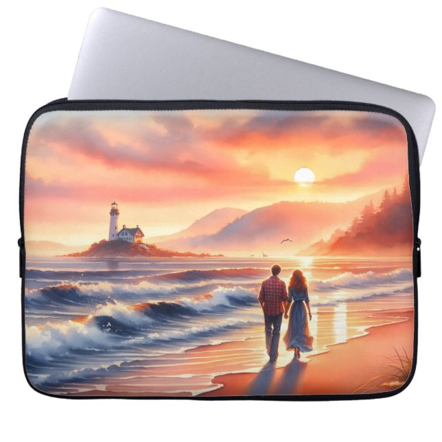 Romantic Coastal Sunset Lighthouse Walk ラップトップスリーブ (正面)
