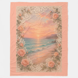 Romantic Coastal Sunset: Peach Roses & Vintage  フリースブランケット
