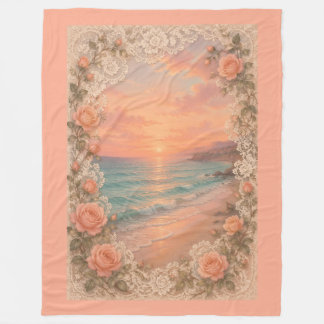 Romantic Coastal Sunset: Peach Roses & Vintage  フリースブランケット