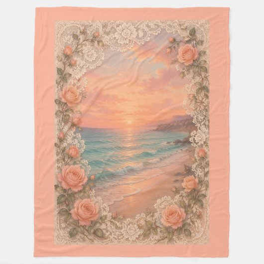 Romantic Coastal Sunset: Peach Roses & Vintage フリースブランケット (正面)