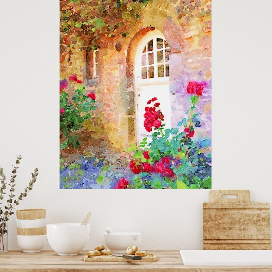 Romantic cottage garden aquarel ポスター (キッチン)