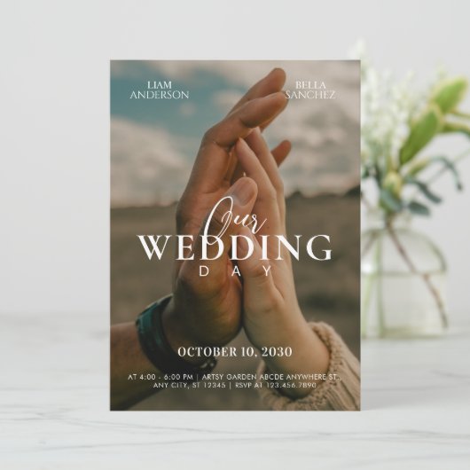 Romantic couple hands photo wedding 招待状 (スタンド正面)