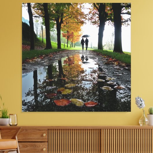 Romantic Couple Rain Stretched Canvas Wall Art キャンバスプリント (インサイチュ (リビング))