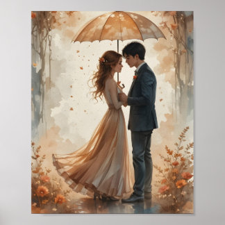 Romantic Couple Under Autumn Umbrella Poster ポスター