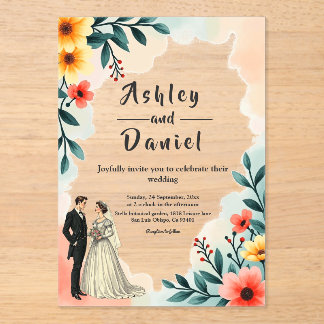 Romantic Couple Watercolor Floral Summer Wedding アクリル招待状