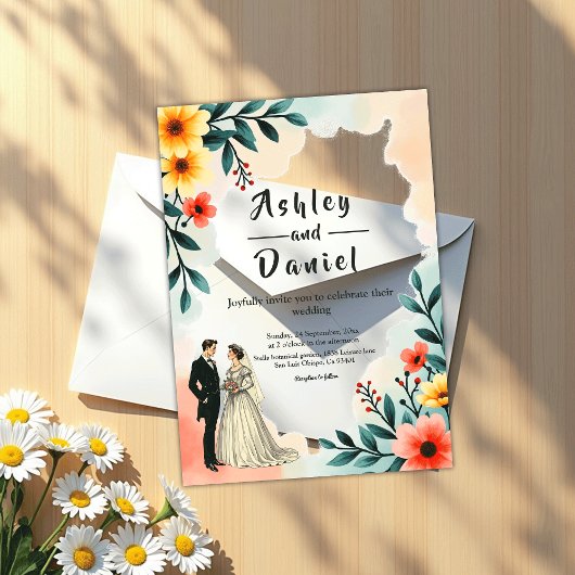 Romantic Couple Watercolor Floral Summer Wedding アクリル招待状