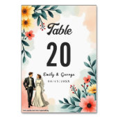 Romantic Couple Watercolor Floral Summer Wedding テーブルナンバー (正面)