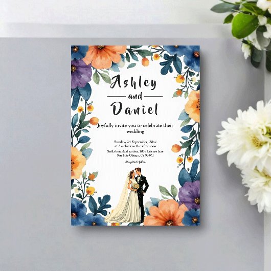 Romantic Couple Watercolor Floral Summer Wedding 招待状