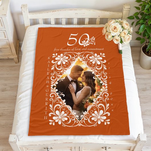Romantic Couples Photo Burnt Orange 50 Anniversary フリースブランケット
