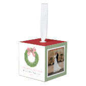 Romantic Couples Timeline Three Photo Christmas キューブオーナメント (正面アングル)