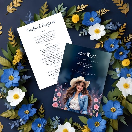 Romantic Cowgirl Pink Flowers Bachelorette Weekend 招待状